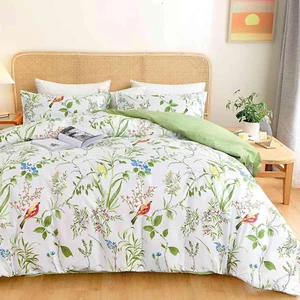 Queen Size Duvet Cover Set, Green Floral/Flower Leaf Bird Print Pattern, 3Pc 90X - Picture 1 of 12