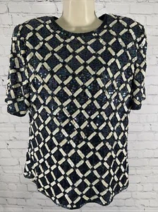 Vintage Laurence Kazar Paris Beaded Blouse 100% Silk Blue White Lined Large L - Picture 1 of 7