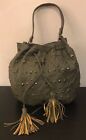 KHAKI GREEN TOTE BACK METAL STUDS LARGE WITH TASSELS