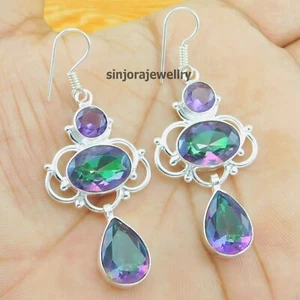 Pendientes hechos a mano de plata de ley 925 con topacio místico y piedras preciosas de amatista 2,50" - Imagen 1 de 4
