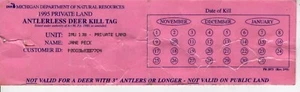 1995 MICHIGAN DNR ANTLERLESS DEER BACK TAG KILL TAG -MICHIGAN DEER-BEAR - Picture 1 of 1