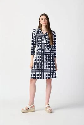 Joseph Ribkoff Vanilla/Midnight Dot Print Waist Tie Shirt Dress 241001 - Image 1 of 4