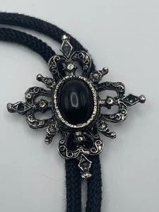 Western Decorative Bolo Tie Black Cord Vintage Southwestern - Black stone inlay - Picture 1 of 4