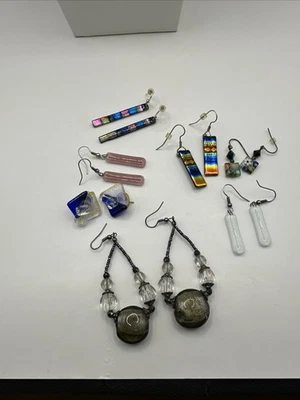 7 Pares PENDIENTES Artesanos Vidrio DICROICO Azul Naranja Arco Iris Estampado Cuelgan Foto 1 de 4