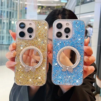 Glitter Pearl makeup mirror Bling Phone Cover Women Girl For iPhone Samsung Case - Image 1 of 4