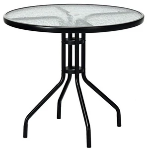 Costway 32" Tempered Glass Top Round Table W/Umbrella Hole Steel Outdoor Beach - Picture 1 of 8