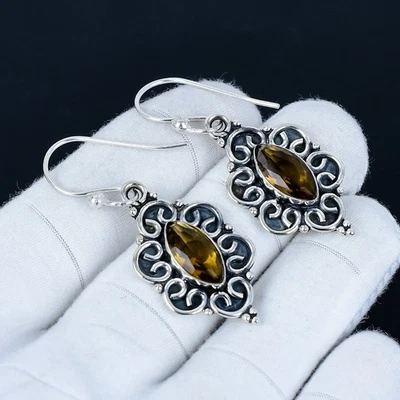 Elegante Fumoso Topazio Gemma Orecchini 925 Argento Sterling Gioielli Per Mom - Immagine 1 di 4