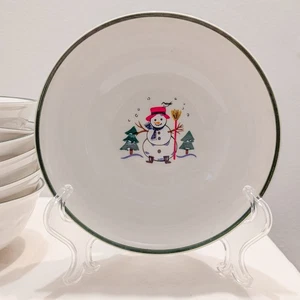 Set (7) Pfaltzgraff SNOW VILLAGE Schalen 6 1/4" Müsli/Suppe/Salat Schneemann Vogel - Bild 1 von 4