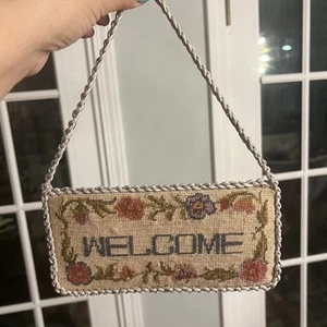 Vintage Hand Made Needlepoint WELCOME Sign Door Hanger 8x4 - Picture 1 of 15