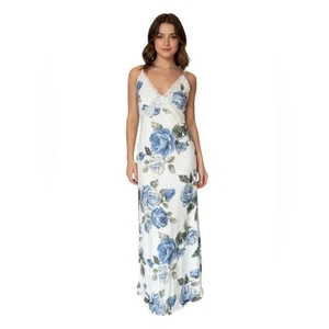 Thirty Thirty Babydoll Maxi Slip Dress Lace Trim Blue Floral Print Womens Medium - Picture 1 of 12