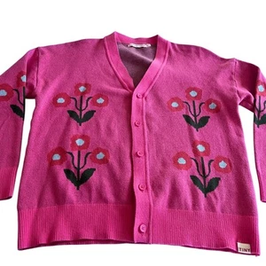 TINY COTTONS Intarsia Hot Pink Mako Cotton Knit Cardigan Sweater size 12 - Picture 1 of 7