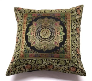 16x16 Inch Indian Woven Zari Brocade Banarasi Silk Mandala Cushion Covers Black - Picture 1 of 4