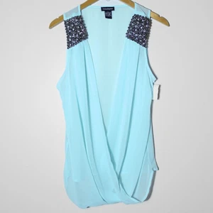 Cotton Express Womens Y2k Sheer Plunge Sleeveless Chiffon Top Blue Beaded Size L - Picture 1 of 6