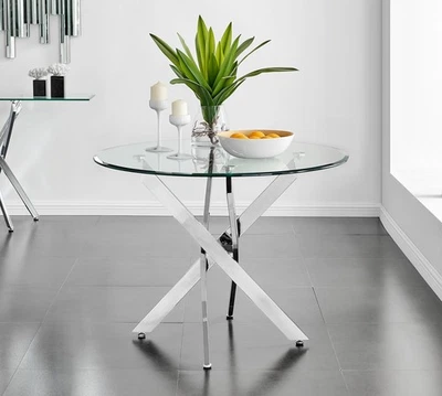 Novara Contemporary Round Tempered Glass Top & Chrome Leg Table Ex-display - Image 1 of 4