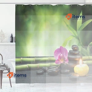 ABAKUHAUS Spa Shower Curtain, Orchid Bamboo Stems Chakra Stones Apple Green Fuch - Picture 1 of 3