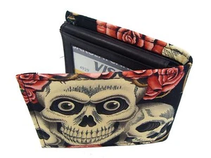 BILLETERA DOBLE PARA HOMBRE CALAVERAS Y ROSAS ESQUELETO EE. UU. TELA DE ALGODÓN HECHA A MANO - Imagen 1 de 3