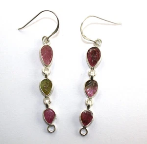 Hermosos Pendientes Tallados Forma Mezcla Turmalina Multicolor 2" Largo 925 SS 3.82gm - Imagen 1 de 7