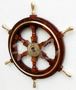 24" Brass Nautical Captain Brown Wooden Ship Steering Wheel Handle Sailing Décor - Picture 1 of 6