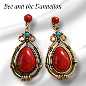 Red Faux Turquiose Type Stone Gold Tone Dangle Earrings - Picture 1 of 8