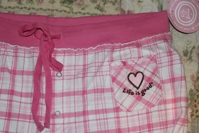 Calça de dormir grande nova com etiquetas feminina Life Is Good coração malha rosa xadrez CROPPED - Imagem 1 de 4