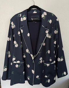 Eloquii floral satin blazer Womens Plus Size 26 Jacket Navy Blue 2 button - Picture 1 of 9