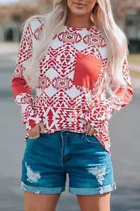 New! Women's Red & white AZTEC PRINT LONG SLEEVE SHIRT Western style 5 SIZES! - Picture 1 of 5