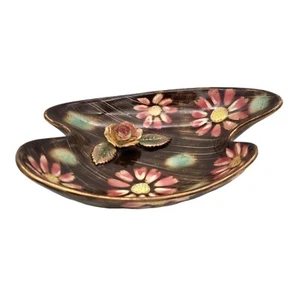 Piatto/Posacenere MCM Vintage Ceramica Marrone con Fiori Rialzati Giappone - Foto 1 di 9