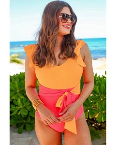 Azura Exchange Vitality Orange Color Block Ruffled Knotted Backless One Piece - Bild 1 von 60