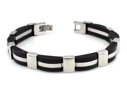 Men's Stainless Steel & Black Silicone Bracelet, Two - Tone Link Design - Image 1 of 1