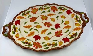 Temptations by 18” Tara Handpainted Harvest Autumn Acorn Leaves Textured Platter - Picture 1 of 2