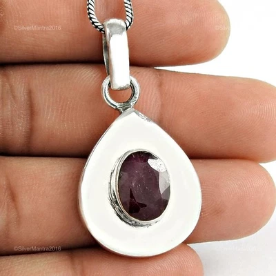 Natale Regalo Affare Rubino Naturale 925 Argento Lunetta Fatto a Mano Ciondolo - Immagine 1 di 4