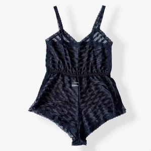 Vintage 70s Lily of France Sz Medium M Black Sheer Striped Lingerie Romper Teddy - Picture 1 of 11
