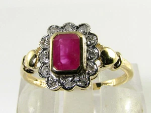 9CT 9K GOLD Indian RUBY 6mm x 4mm & DIAMOND HALO ART DECO INS RING FREE RESIZE - Picture 1 of 5