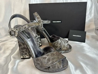 Sandalia Dolce & Gabbana Plateada/Dorada Estampado Leopardo Tela Brillo Joya EU 39 💎 Foto 1 de 4