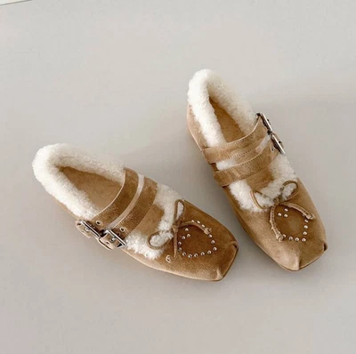 Женщин меха плоский балет туфли бабочка узел открытый Мэри Джейнс туфли теплые туфли - Изображение 1 из 4