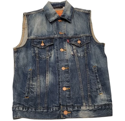 Levi's Denim Trucker Vest Men's Small Blue 100% Cotton Faded Frayed Sleeveless - Image 1 of 4