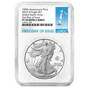 2025-W Proof $1 American Silver Eagle Army Privy NGC PF70UC FDI First Label - Picture 1 of 3