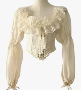 Elegant French Lace Puff Sleeve Corset Blouse – LARP Victorian Cosplay Blouse - Picture 1 of 12