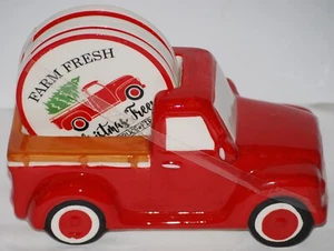 Farm Fresh Christmas Trees Red Truck Ceramic Christmas 4pc Coaster Set w/Caddy - Picture 1 of 6
