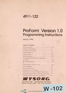 Wysong Pro Form 4911-122, Versione 1.0 Manuale Istruzioni Programmazione 1994 - Foto 1 di 1