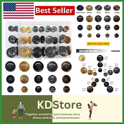 Elegant 90Pc Resin Button Collection: 5 Colors & 3 Sizes for Tailoring Needs - Image 1 of 4