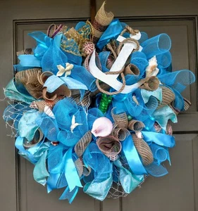 Summer Nautical Beach Wreath 24" Front Door Wall Seashell Coastal Decor - Picture 1 of 7