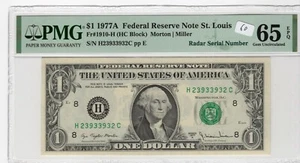 $1 1977A FRN Fr# 1910-H HC Block PMG UNC 65 EPQ Radar Serial St Louis - Picture 1 of 2