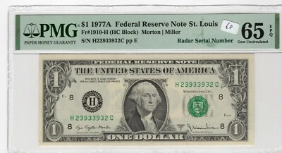 $1 1977A FRN Fr# 1910-H HC Block PMG UNC 65 EPQ Radar Serial St Louis - Image 1 of 2