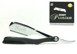 Barber Black Straight Razor Cut Throat Folding Knife SHAVETTE W 100 DERBY Blade - Picture 1 of 12