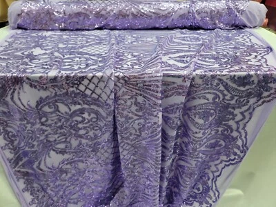 Fabric By The Yard Lavender Lace Stretch Victorian Pattern Embroidery Sequin - Image 1 of 4