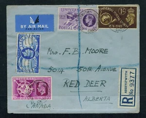 Great Britain 1949 UPU set 1/ 11 1/2d Reg'd Airmail Aberystwyth 9377 to Red Deer - Picture 1 of 2