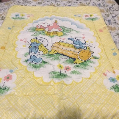 Manta edredón de cuna amarilla Dundee Los Pitufos 1983 vintage ropa de cama sin usar Foto 1 de 4