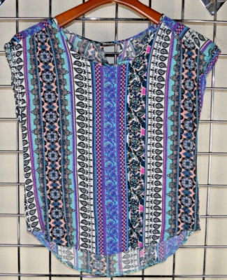 Vintage Sleeveless Top Size S/M 90s Blue Pink Bohemian Design Soft Sleek Rayon - Image 1 of 4