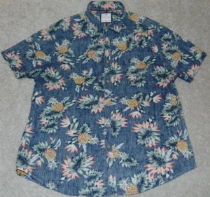 Denim & Flower Short Sleeve Mens Hawaiian Shirt XL Cotton Blue Floral Slim Fit - Picture 1 of 10